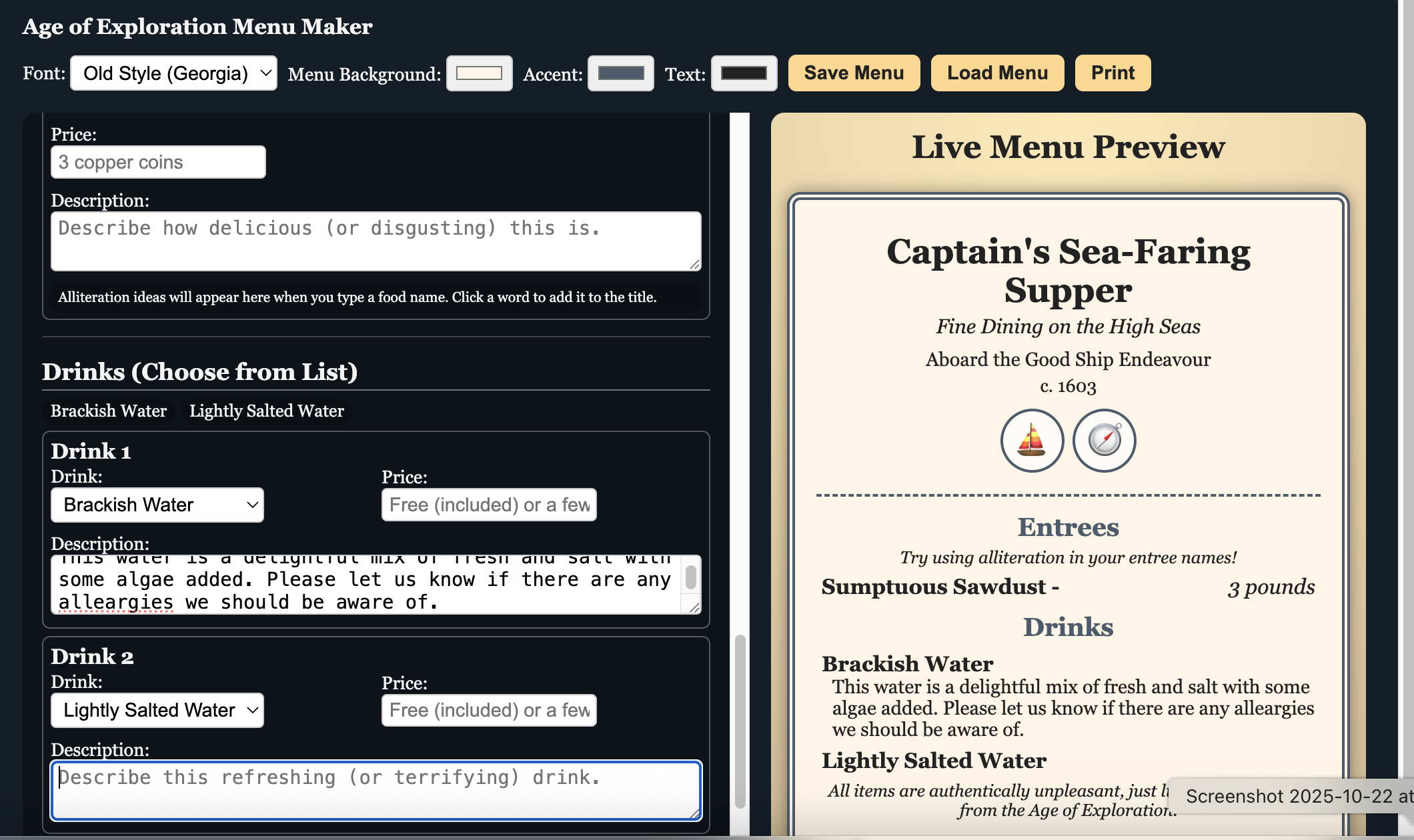 The Gourmet Galleon - Make Your Own Explorers-era Menu!